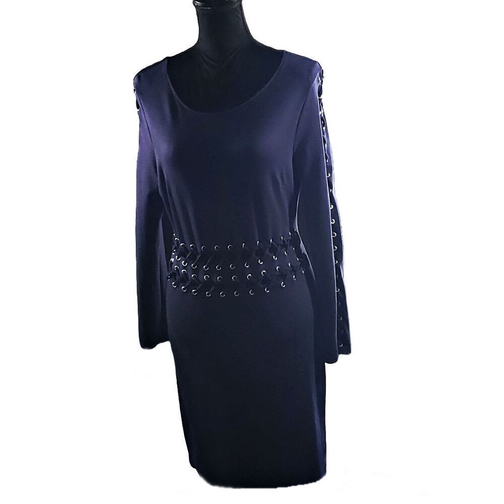 Venus Navy Lace Up Waist And Sleeves Bodycon Dress Size 12 - Picture 3 of 9